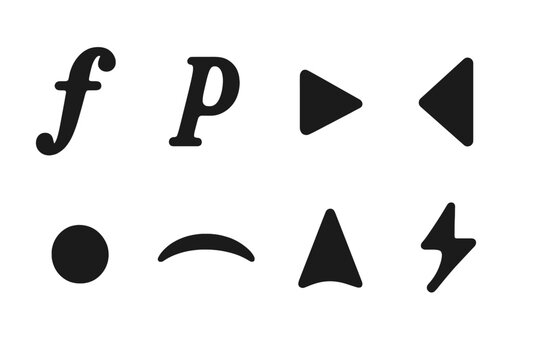 Musical Accent Icons. Solid, filled icon set of musical accents: forte, piano, crescendo, decrescendo, staccato, legato, marcato, sforzando. Solid, filled