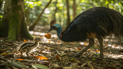 Naklejka premium A parent cassowary feeds its young chick in a vibrant forest filled with greenery and fallen leaves. Sunlight filters through the trees, creating a serene atmosphere