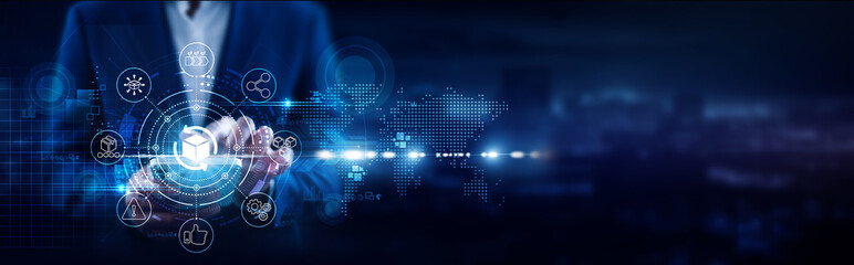 SCM, Businessman using mobile smartphone and logistics platforms connecting data inventory control, shipment tracking, demand forecasting, supplier networks, real-time analytics