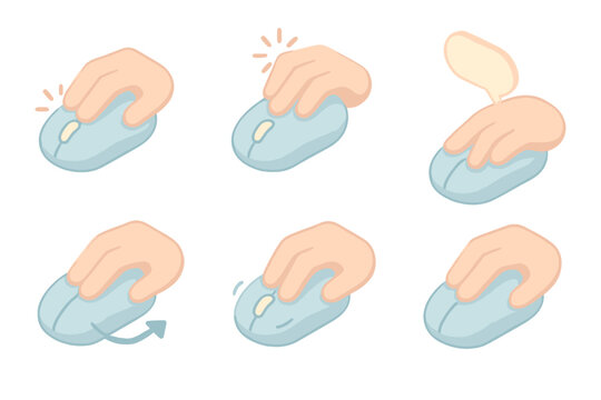 Mouse Gesture Icons. Isometric vector illustration set Mouse interaction gestures: left-click symbol, double-click icon, drag and