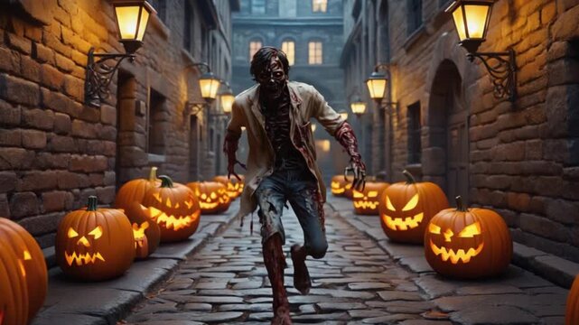 Zombie running down a cobblestone street lined with jack o lanterns and lit by street lamps halloween zombie video