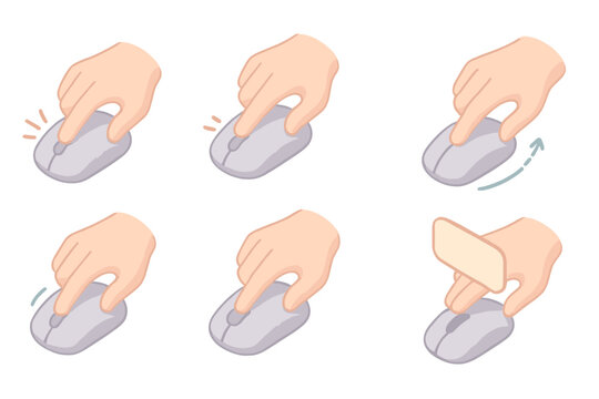 Mouse Gesture Icons. Isometric vector illustration set Mouse interaction gestures: left-click symbol, double-click icon, drag and