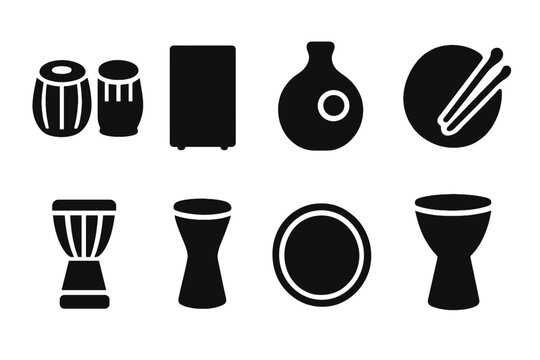 Percussion Instrument Icons. Solid, filled icon set of percussion cultural instruments: tabla, cajon, udu, bodhran, talking drum, bata drum, frame drum,