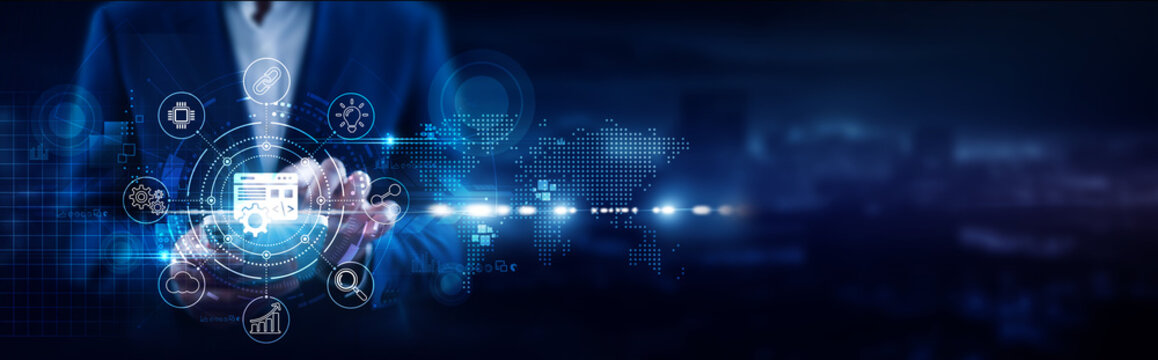 Software Development, Businessman using mobile smartphone and coding environments connecting data agile methodologies, DevOps pipelines, cloud platforms, API integration, debugging tools.