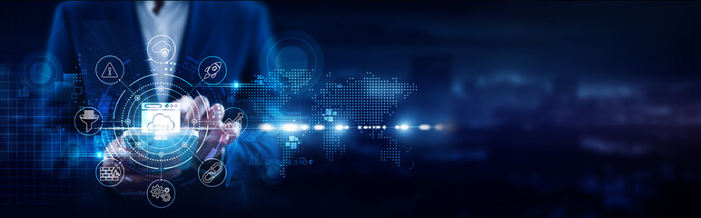 Web Hosting, Businessman using mobile smartphone and cloud servers connecting data domain management, dedicated hosting, security monitoring, website performance, uptime reliability