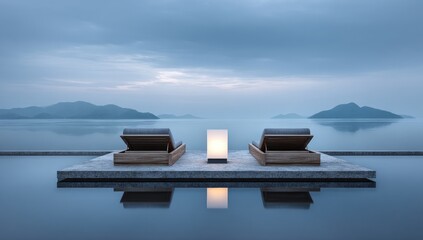 Two wooden chaise lounges face water and mountains at twilight. A lamp glows between them