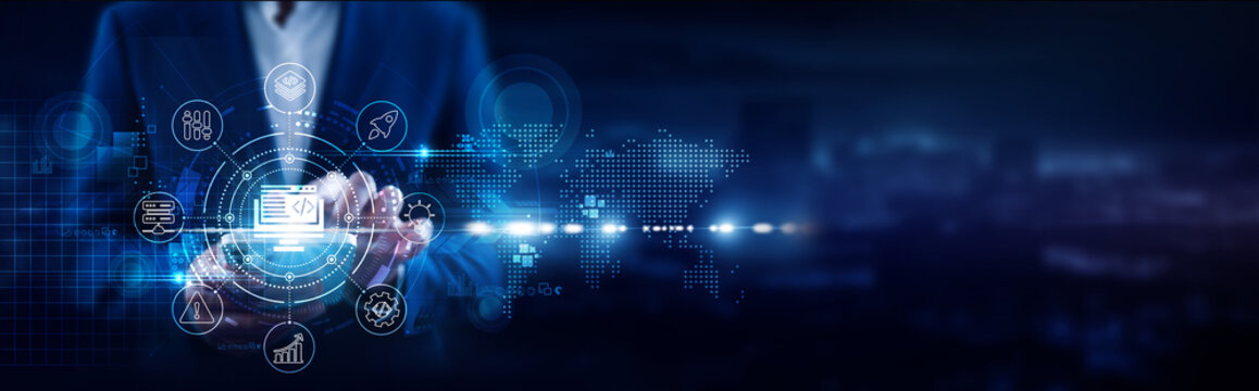 Web Development, Businessman using mobile smartphone and coding platforms connecting data frontend frameworks, backend integration, UX/UI design, responsive websites, content management