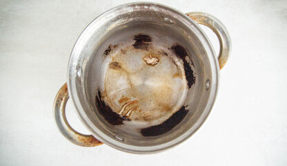 Burnt food in a saucepan, close-up. Black burnt food deposits on non-stick coating, harm