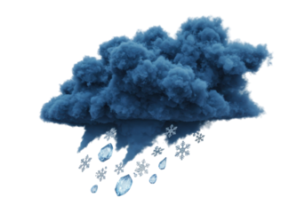 Dark blue storm cloud with hail and snowflakes PNG, isolated weather element on transparent background for design and compositing