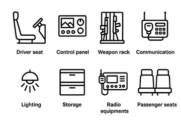 APC Interior Icons. Outline icon set of APC interior elements: driver seat, control panel, weapon rack, communication console, lighting, storage compartments,