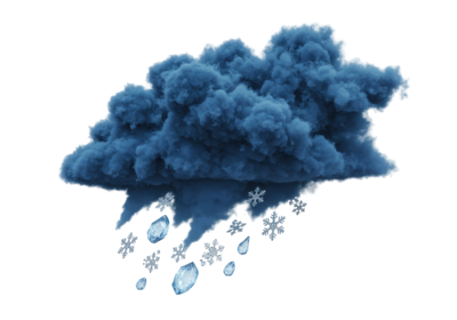 Dark blue storm cloud with hail and snowflakes PNG, isolated weather element on transparent background for design and compositing