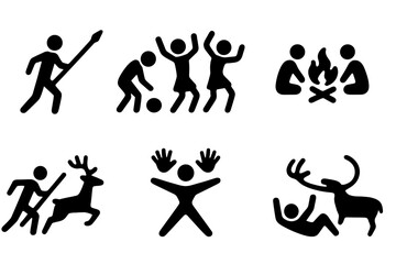 Cave Painting Icon Set. Solid, filled icon set of cave painting storytelling: hunter, gathering, ritual dance, fire circle, animal hunt, clan symbol, spiritual
