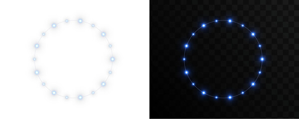 Blue lights circle frame overlay. isolated transparent PNG background. Realistic glowing garland for festive. LED garland PNG © Russell Edwards