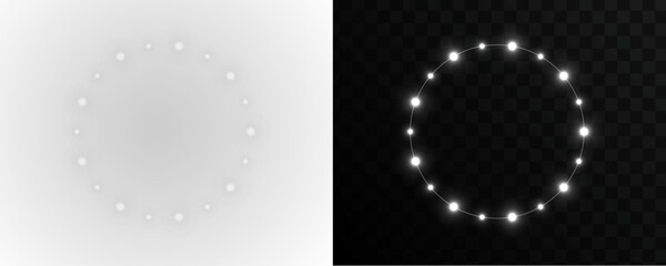 White string lights circle frame overlay. Perfect transparent PNG background element for portraits or product photos. Realistic glowing garland for festive, elegant border. LED garland PNG © Russell Edwards
