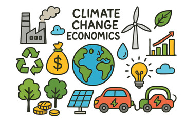 Eco-Economics Doodle. Climate Change Economics. Colorful Hand-drawn doodle Children illustration globe, money bag, factory, wind turbine, solar panel, tree,