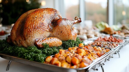 A beautiful Thanksgiving dinner table set with an abundance of fall vegetables, roasted turkey, and candles flickering