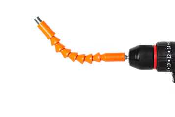 Flexible orange attachment on a power drill designed for precision tasks in home improvement projects, isolate