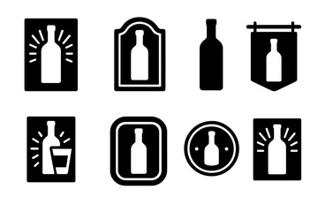 Fototapeta premium Vodka Branding Icons. Solid, filled icon set of vodka advertising and branding: logo design, label, bottle silhouette, slogan banner, promotional flyer, neon
