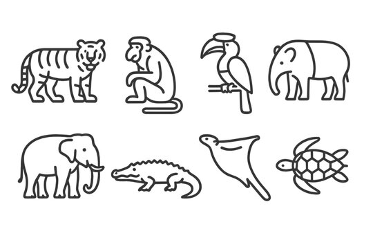 Malaysian Animals and Architecture. Outline icon set of Malaysian animals: Malayan tiger, proboscis monkey, hornbill, tapir, Asian elephant,