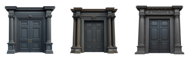 Three ornate dark gray classical architectural doorways with columns and detailed carvings, isolated on transparent background