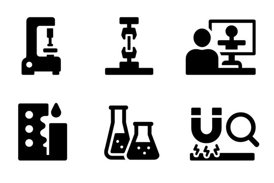 Metal Testing Icons. Solid, filled icon set of metal testing: hardness tester, tensile test, X-ray inspection, ultrasonic probe, corrosion check, chemical