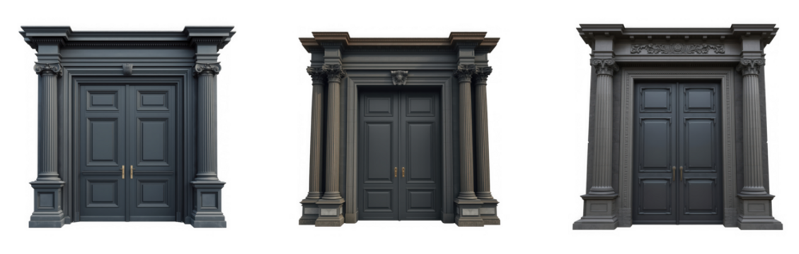 Three ornate dark gray classical architectural doorways with columns and detailed carvings, isolated on transparent background