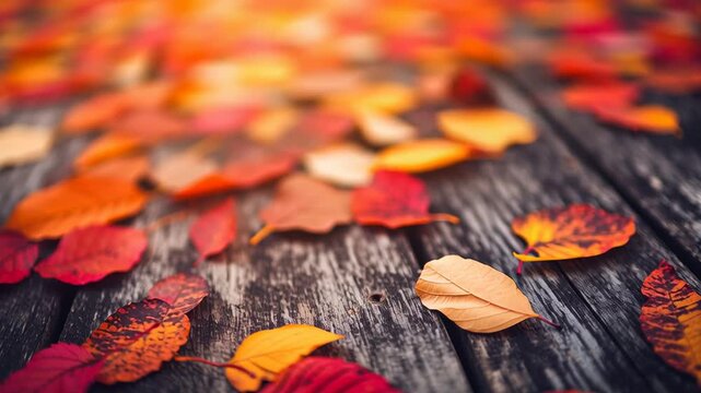 Close-up of vibrant fall leaves in red, orange, and yellow on rustic wood with warm light. Halloween