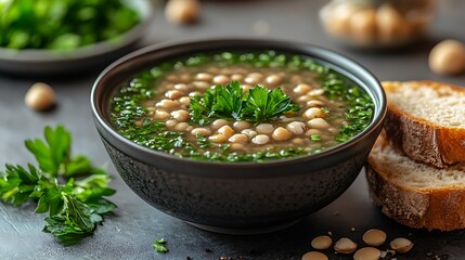 A bowl of rich, creamy clam chowder with fresh parsley and a slice of crusty bread on the side