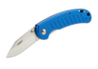Blue folding pocket knife isolated on white, EDC tool for camping, hiking, and outdoor activities, PNG