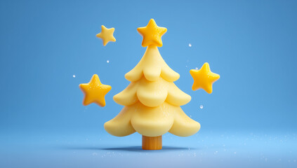 Yellow Christmas tree with stars on a blue background.