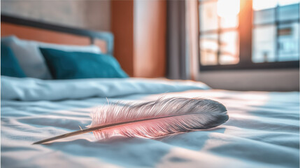 A single delicate feather rests softly on pure white sheets, symbolizing serenity, purity, and divine stillness. Light filters through, casting gentle shadows that evoke peace and introspection.