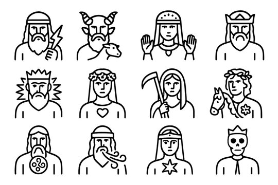 Slavic Mythology Icons. Slavic Mythology. Line icon set of Slavic Mythology: Perun, Veles, Mokosh, Svarog, Dazhbog, Lada, Morana, Jarilo, Rod, Stribog, Zorya,