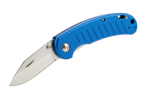 Blue folding pocket knife isolated on white, EDC tool for camping, hiking, and outdoor activities, PNG