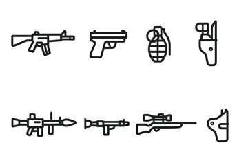 Airborne Weapons Outlines. Outline icon set of airborne weapons: assault rifle, handgun, grenade, combat knife, machine gun, rocket launcher, sniper rifle,