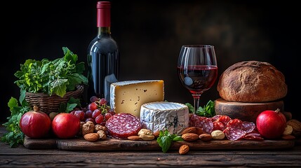 A beautifully designed charcuterie board with assorted cheeses, cured meats, nuts, and fruits