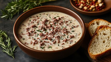A bowl of rich, creamy clam chowder with fresh parsley and a slice of crusty bread on the side