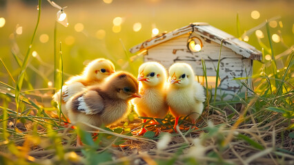 Four yellow chicks walking in green grass near a small wooden chicken coop on a sunny day. Concept of rural life, farming, and animal care in spring.