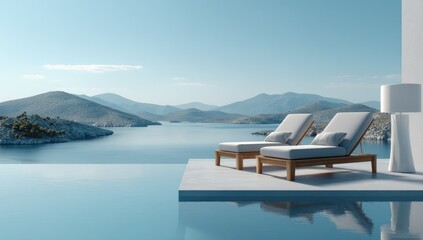 Two lounge chairs on a concrete patio overlooking serene water and distant mountains