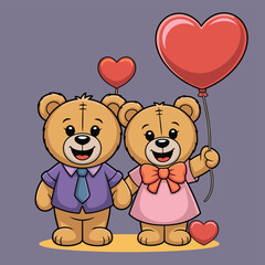 Fototapeta premium Cute teddy bears holding heart balloons