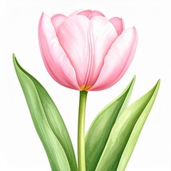 Naklejka premium a beautiful pink tulip blossoming in full glory, set against a soft background, showcasing its delicate petals and vibrant green leaves