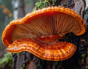 Orange-red Fungus on Tree Trunk.