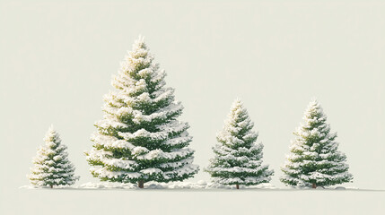 Obraz premium Snow-covered pine trees in a winter landscape on light background.