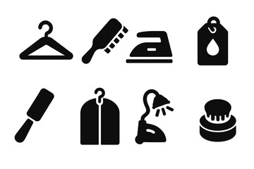 Business Suit Care Icons. Solid, filled icon set of business suit care: hanger, brush, iron, dry cleaning tag, lint roller, garment bag, steamer, shoe polish.