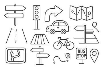 Traffic Icons Collection. Hand-drawn doodle illustration road direction street sign, traffic light, arrow, road, car, pedestrian crossing, map, GPS device,
