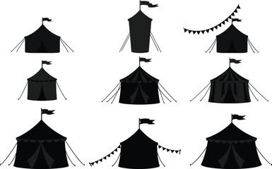 Circus tent vector collection, carnival pavilion silhouette, black white circus marquee icons, festival tent illustration, fairground carnival graphic design