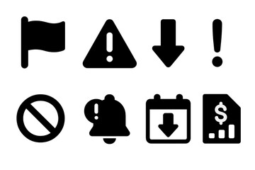 Default Indicator Icons. Solid, filled icon set of default indicators: red flag, warning triangle, downward arrow, exclamation mark, blocked sign, alert,