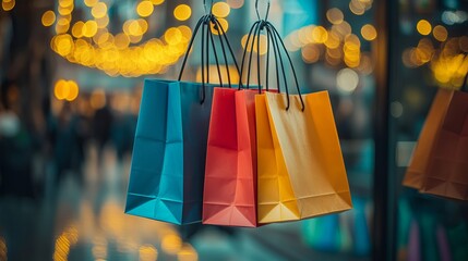 Colorful Shopping Bags Hanging in a Store Window Display with Bokeh Lights and Reflective Surfaces, Retail Shopping Concept