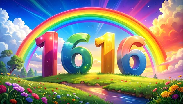 Colorful rainbow over a grassy hill with numbers