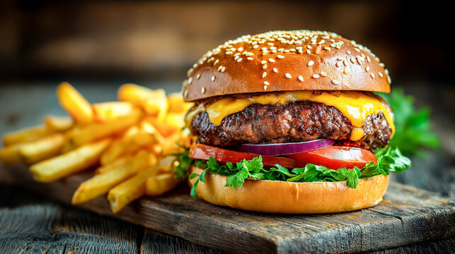 hamburger with french fries Gourmet burger