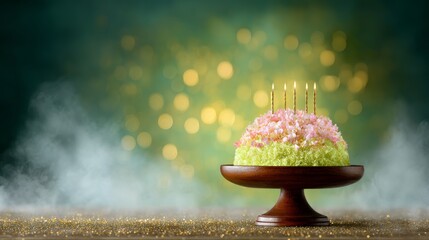 Whimsical Birthday Cake with Candles, Floral Decoration, and Bokeh Background on Wooden Pedestal for Celebrations and Special Occasions